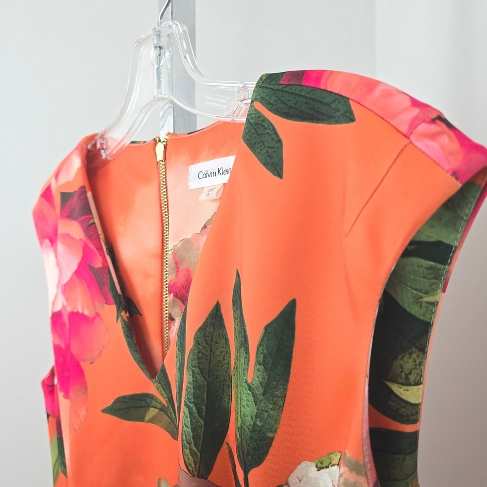 Calvin Klein Floral Print Sleeveless Zipper Back Closure Dress Orange Multi 12‎ - Picture 5 of 8